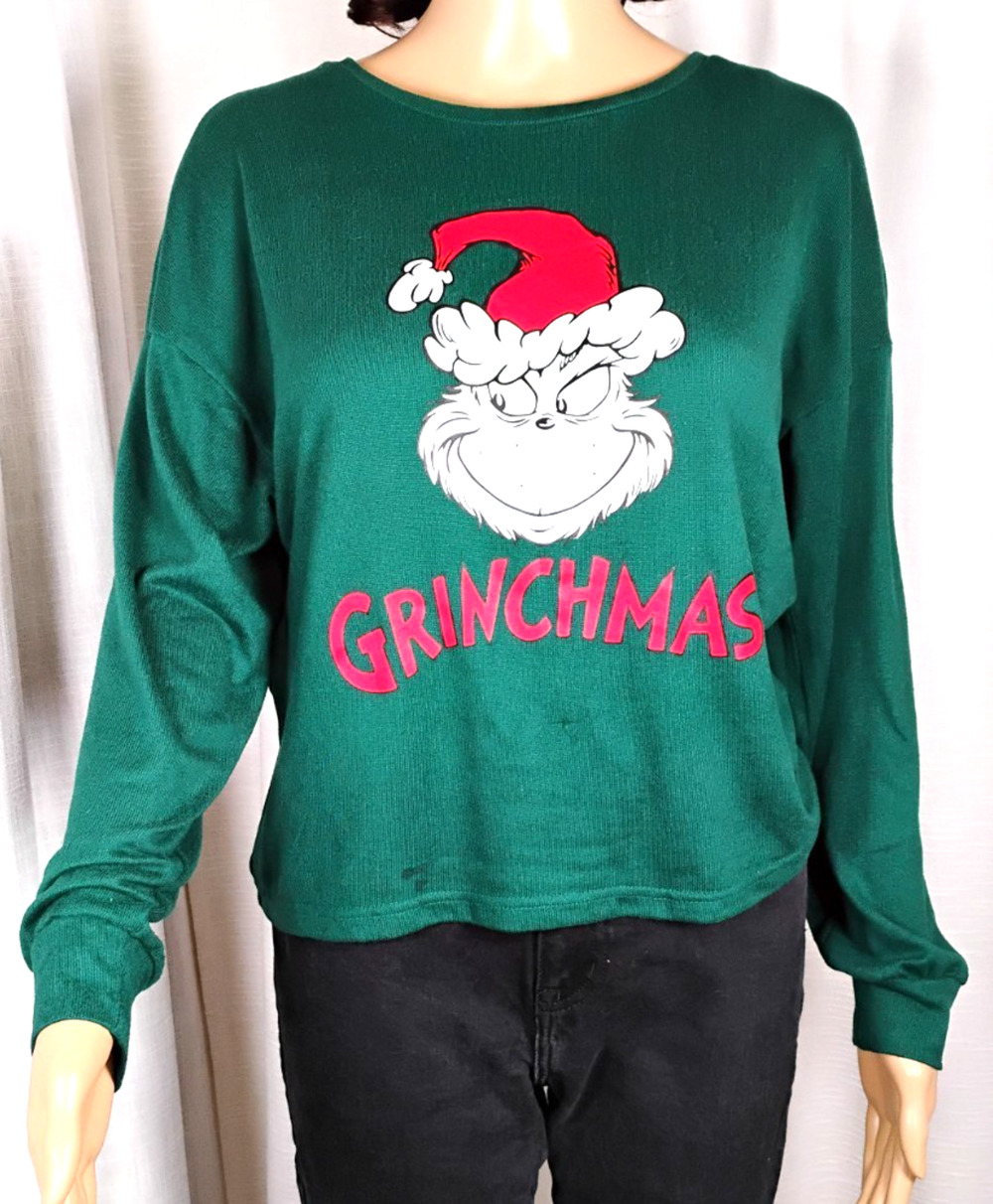Grinch Dr Seuss Christmas Graphic Top Drop Shoulder Long Sleeve Holiday
